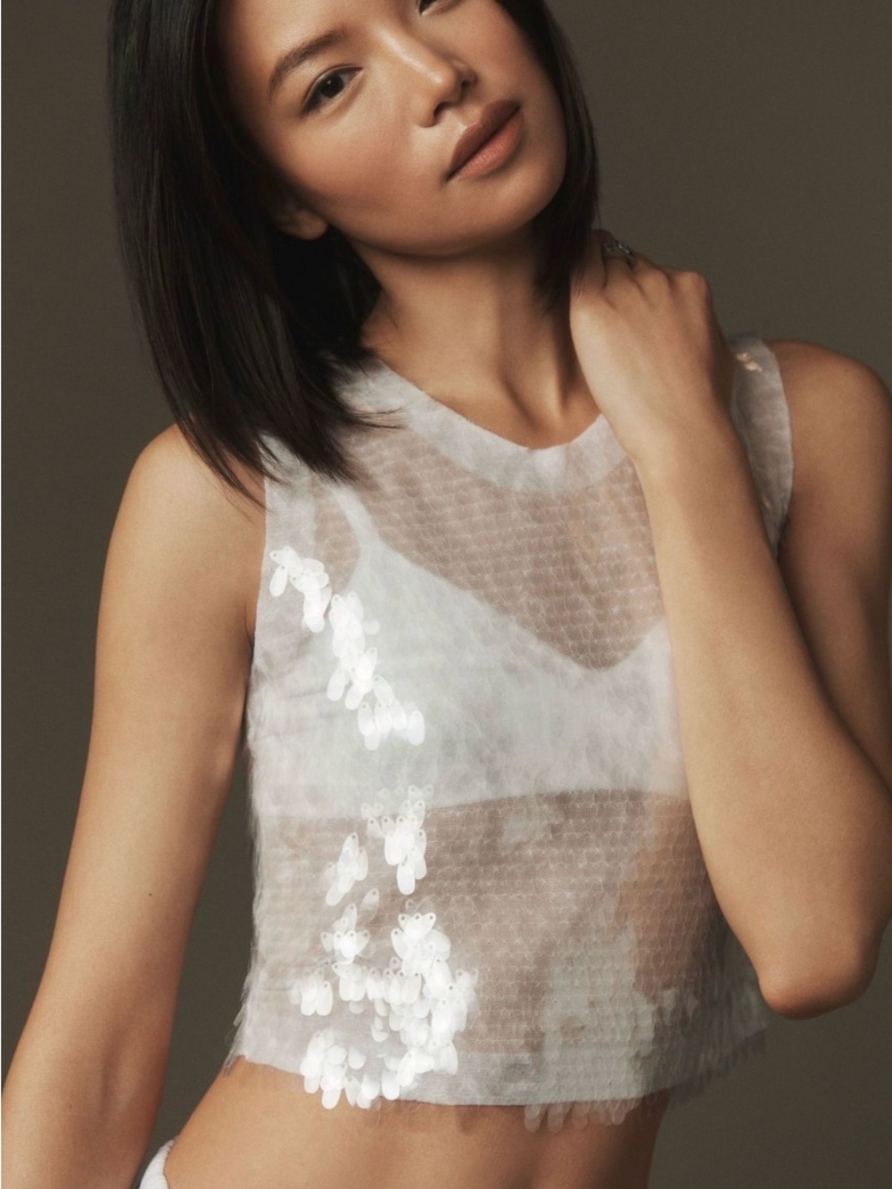 Norma Kamali Sleeveless Sequin Cropped Top White - Picture 3 of 7